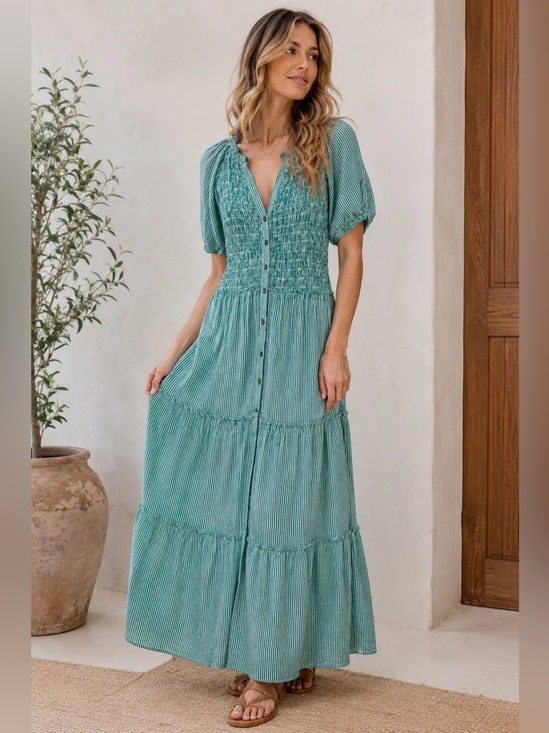 Sundance Dresses & Skirts - Sundance Green Stripe Puff-Sleeve Tiered Maxi Dress